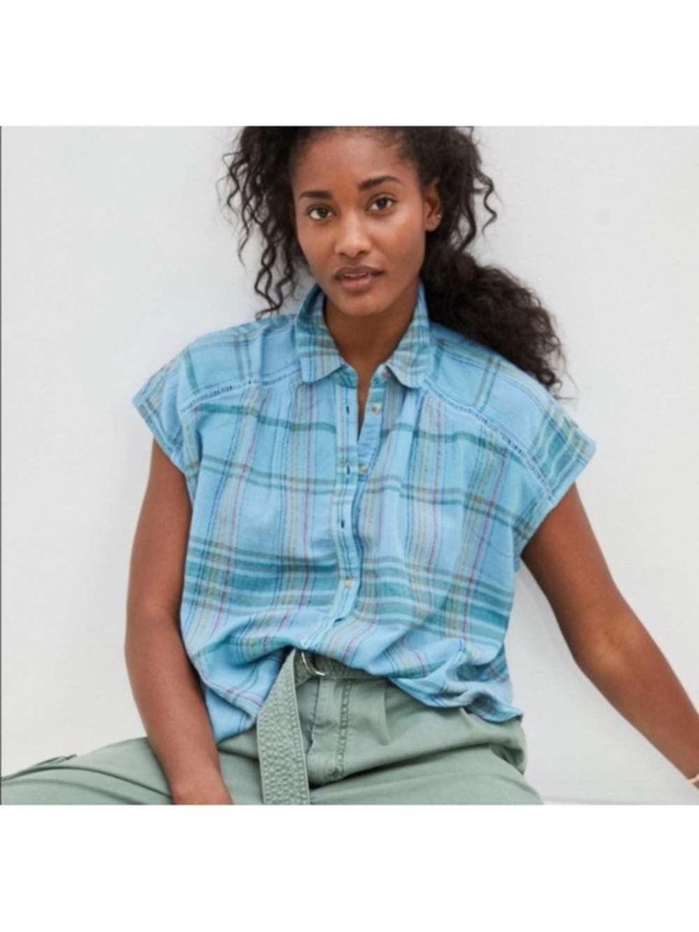 Anthropologie Pilcro Top Women’s Small Blue Gauze Plaid Serena Surf Oversized
